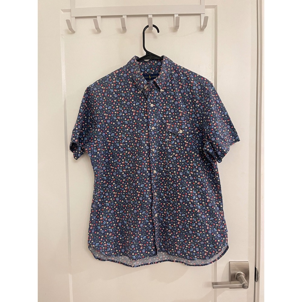 Ralph Lauren Floral Blue Button Down Short Sleeve Cotton‎ Shirt Preppy Summer